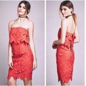 Saylor x Free People Erin Red Lace Strapless Knee Length Pretty  Dress Coral Red